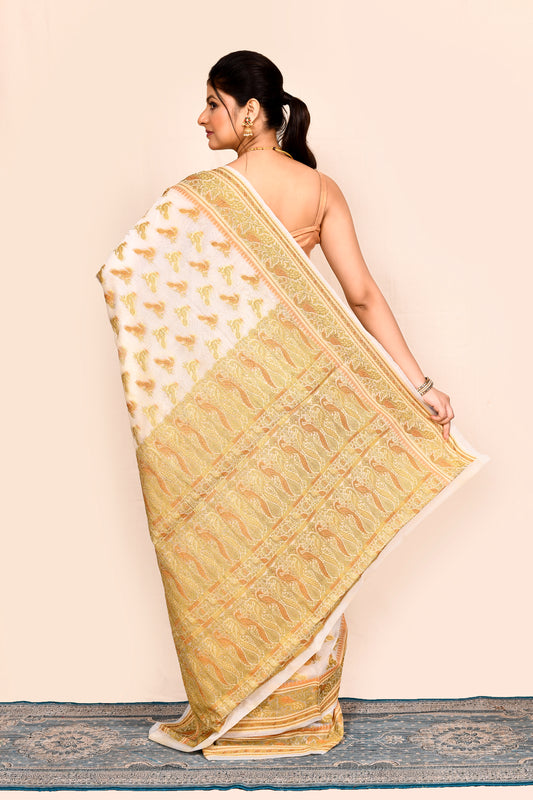 Off White  Zari Woven Embroidered Silk Saree
