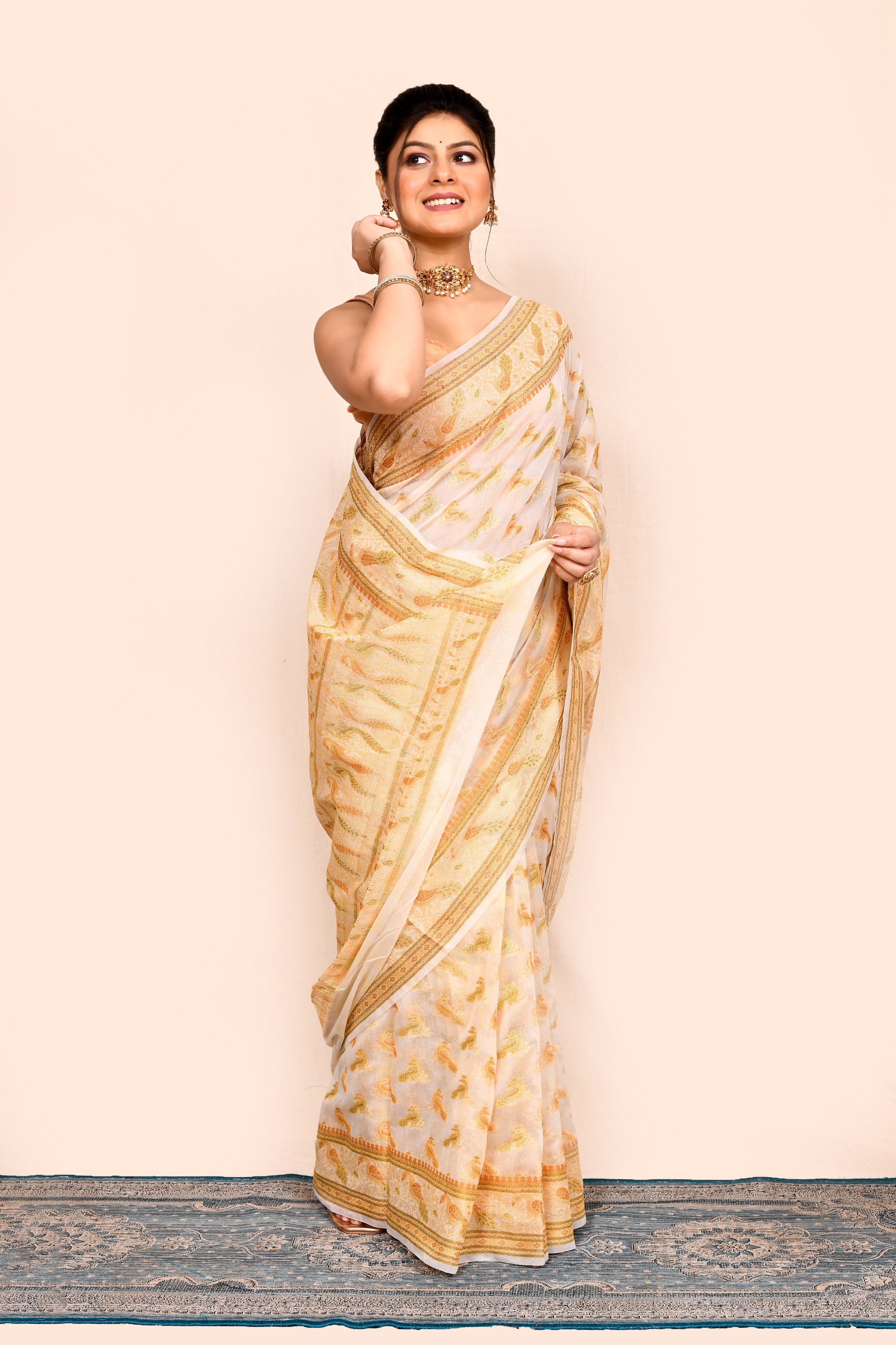 Off White  Zari Woven Banarasi Silk Saree