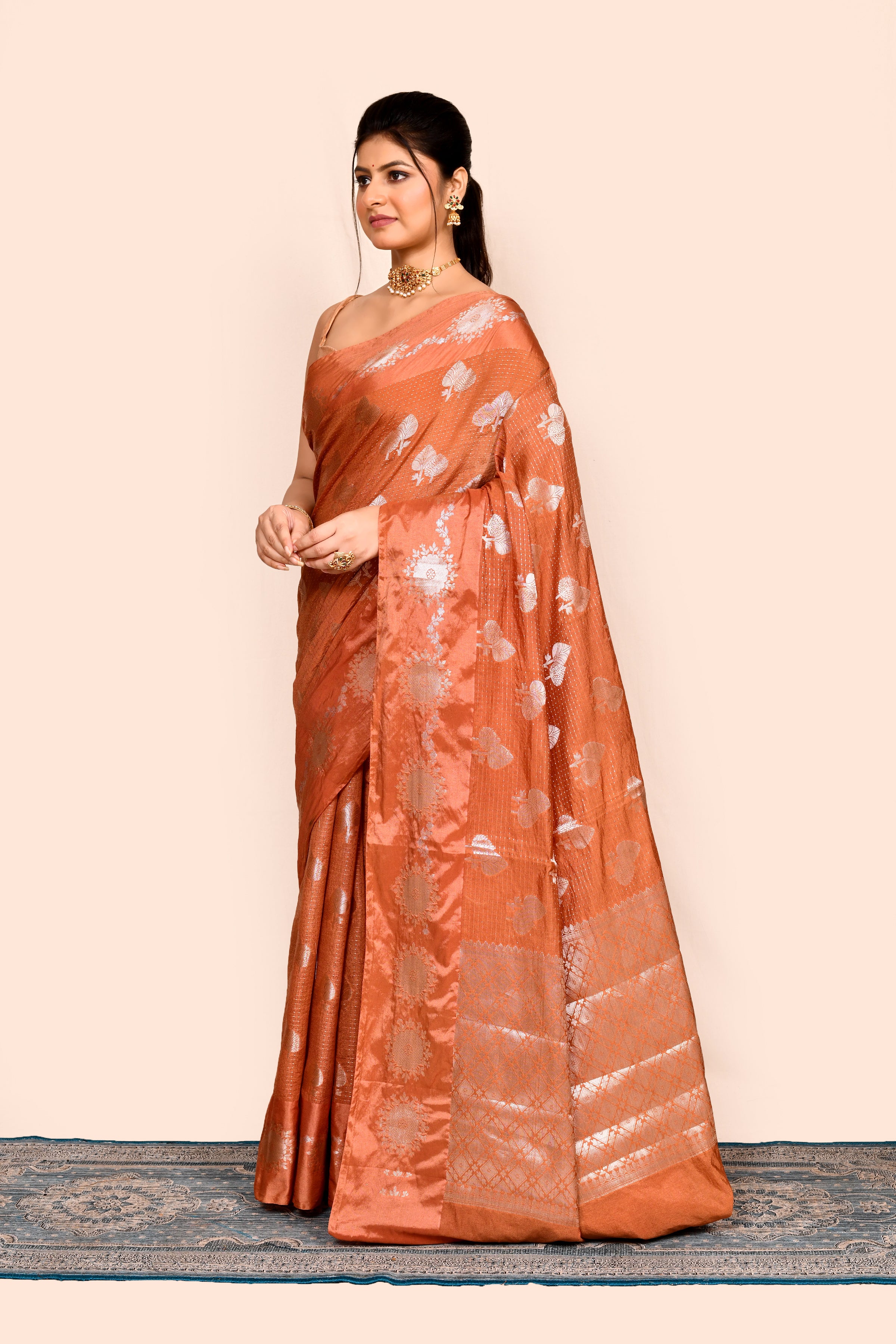 Peach Zari Woven Banarasi Silk Saree