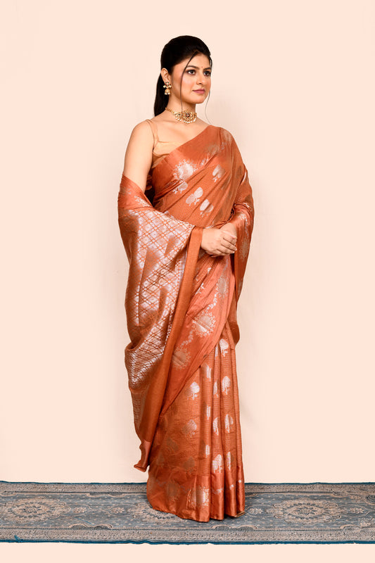Peach Zari Woven Banarasi Silk Saree