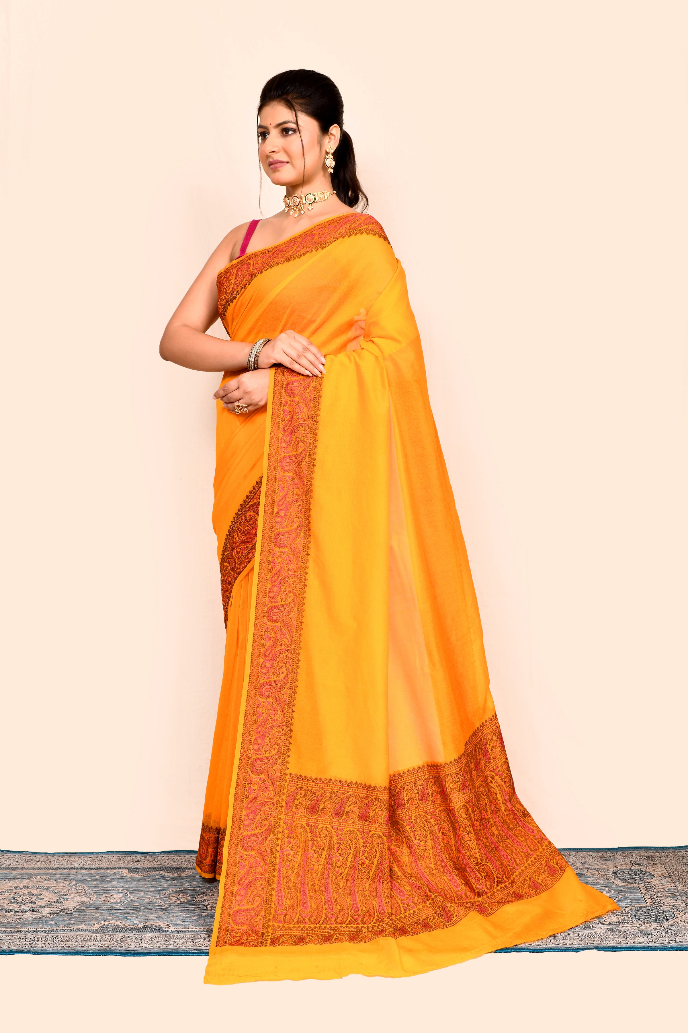 Yellow Zari Woven Embroidered Silk Saree