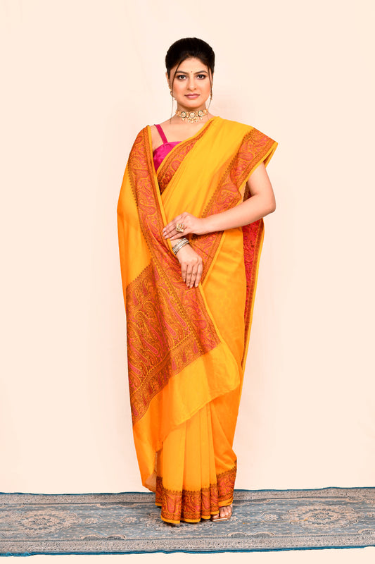 Yellow Zari Woven Embroidered Silk Saree