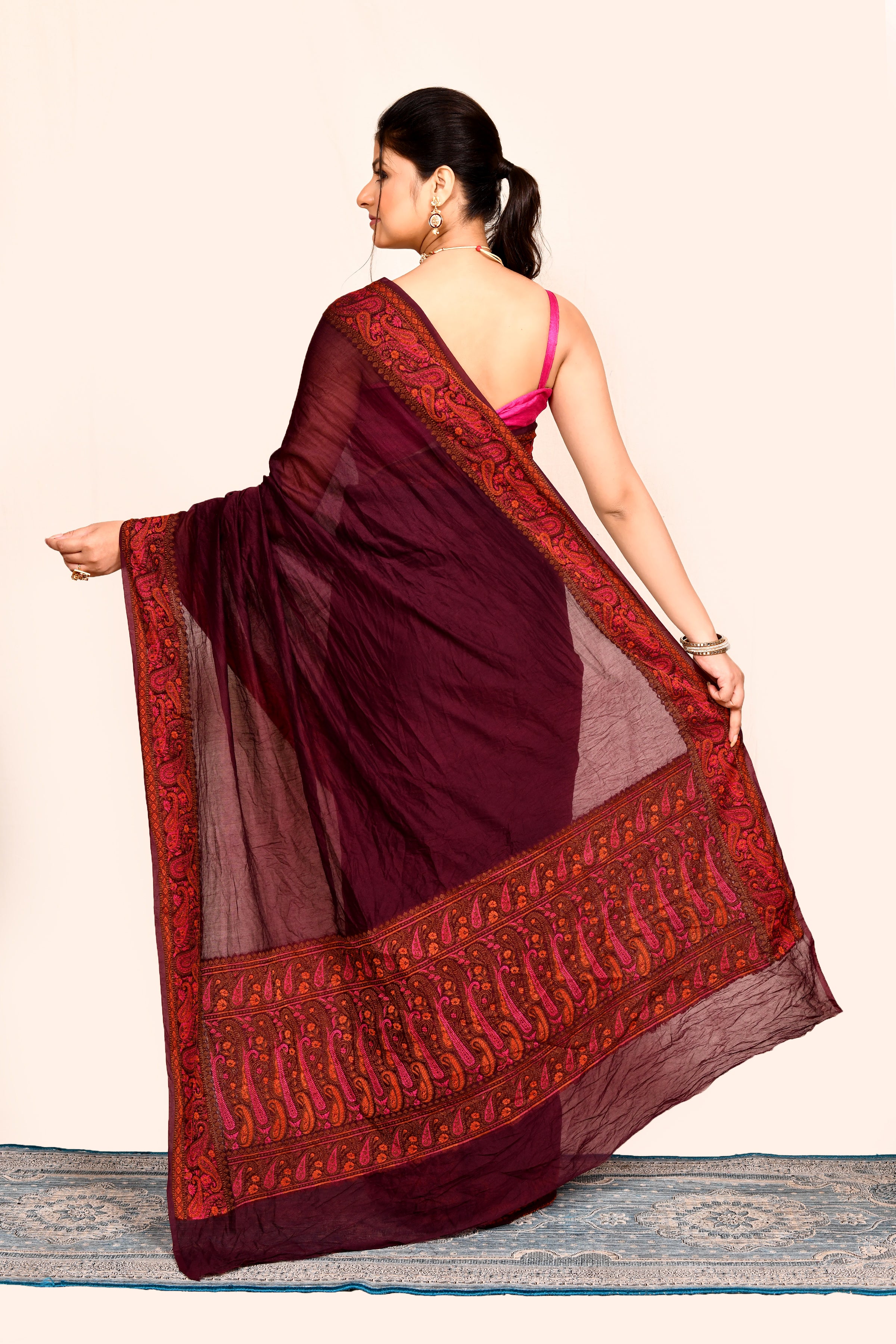 Maroon Zari Woven Embroidered Silk Saree
