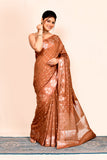 Brown Zari Woven Embroidered Banarasi Saree