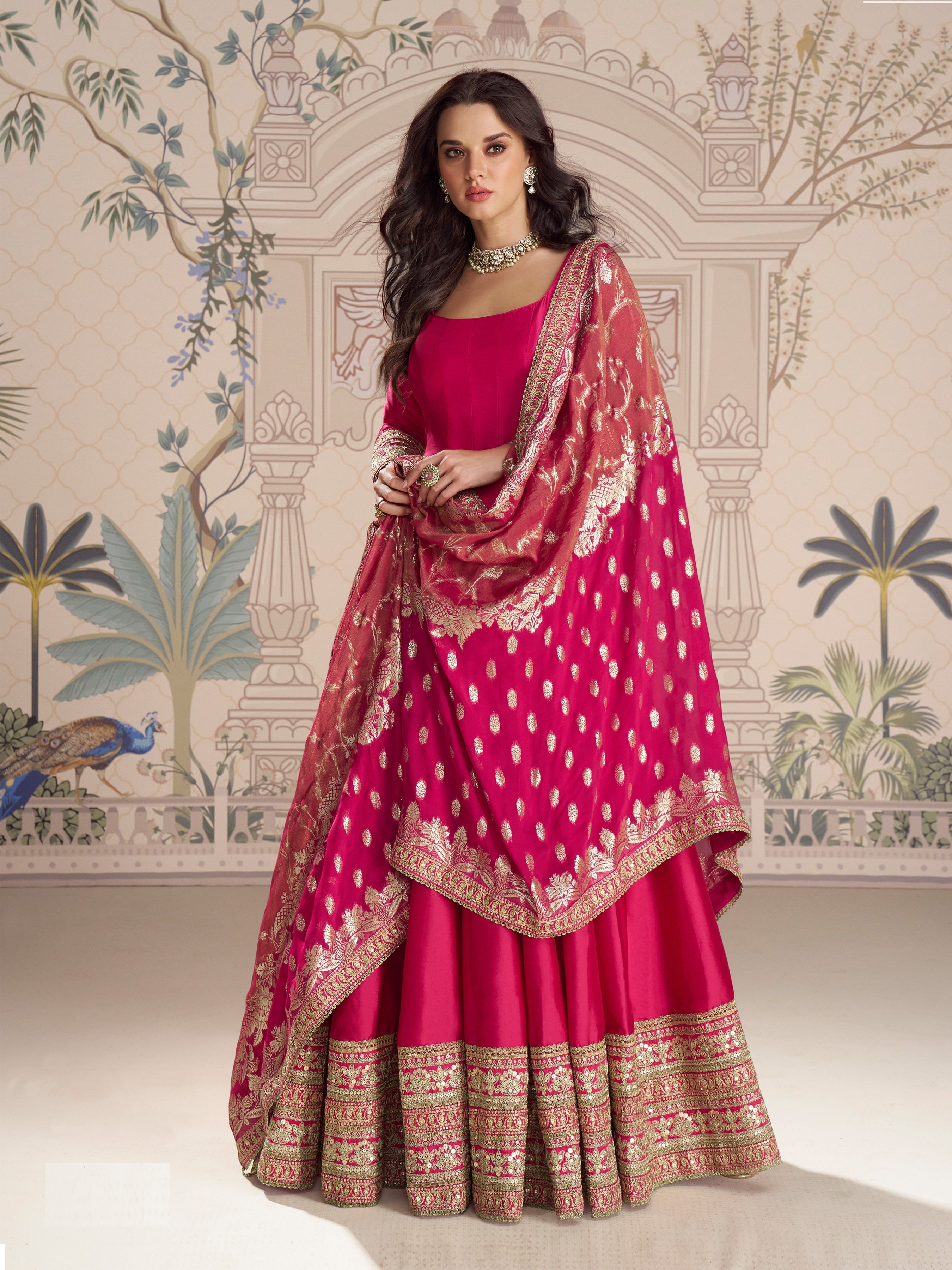 Pink Anrakali Dupatta Set With Zari Detail