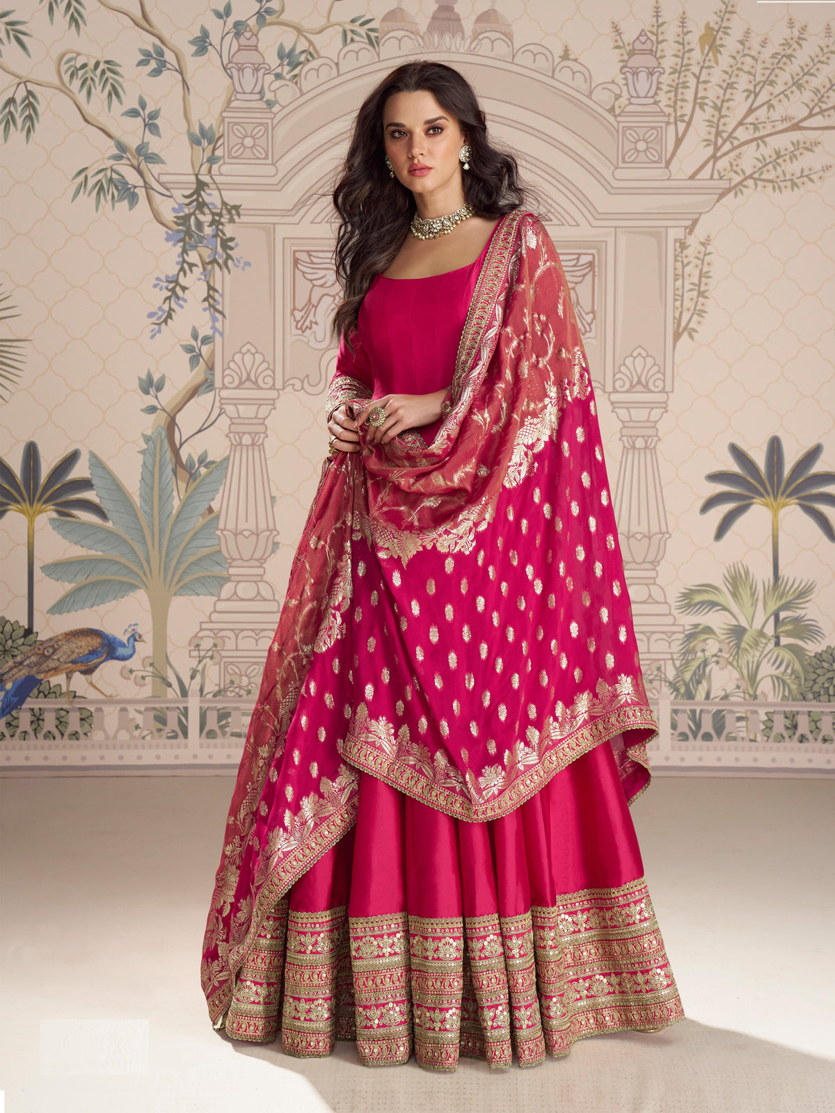 Pink Anrakali Dupatta Set With Zari Detail