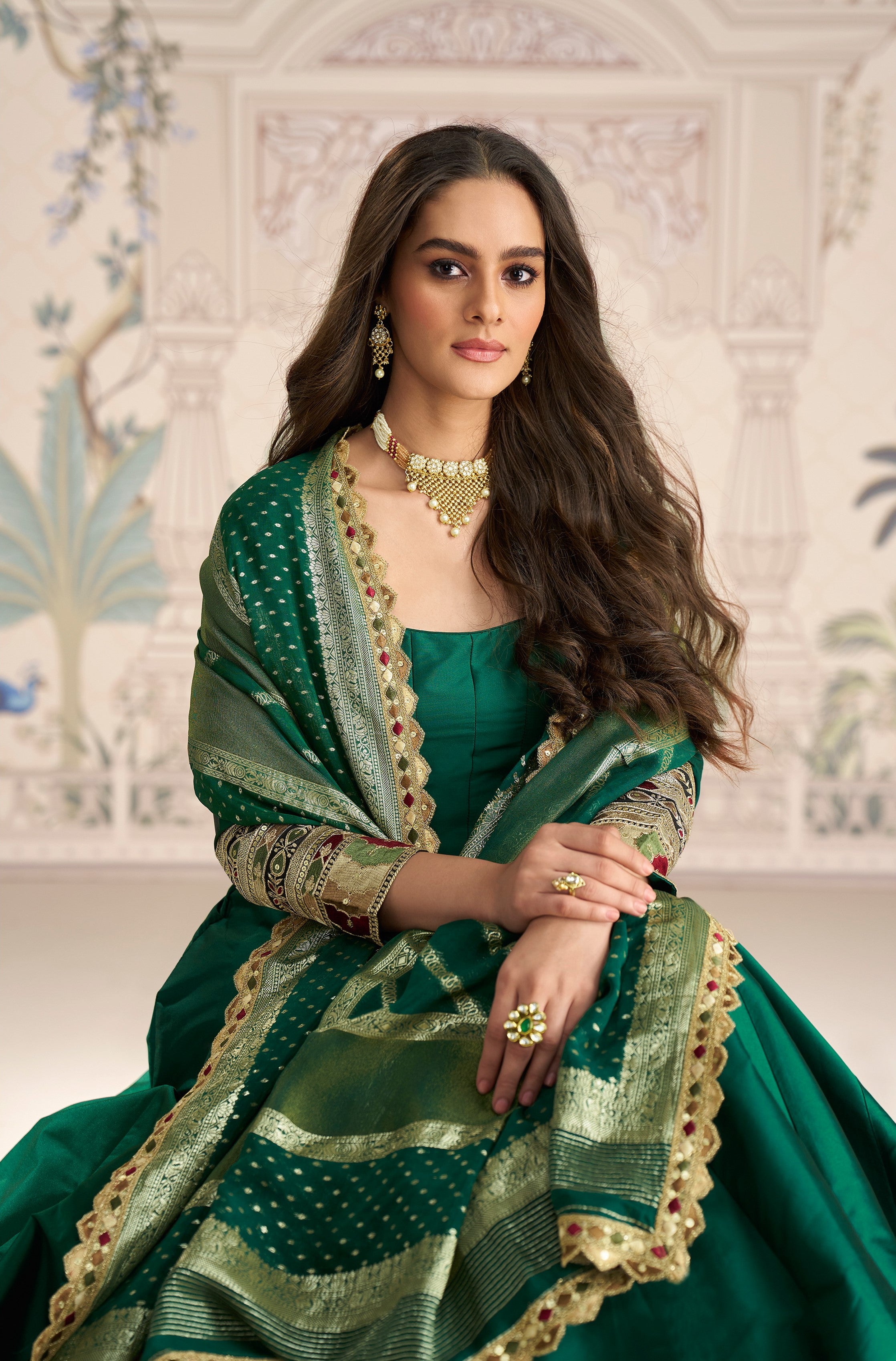 Bottle Green Anarkali Dupatta Set with Zari Detail