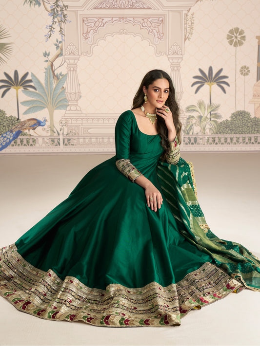 Bottle Green Anarkali Dupatta Set with Zari Detail