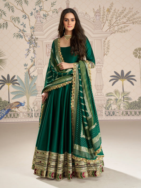 Bottle Green Anarkali Dupatta Set with Zari Detail