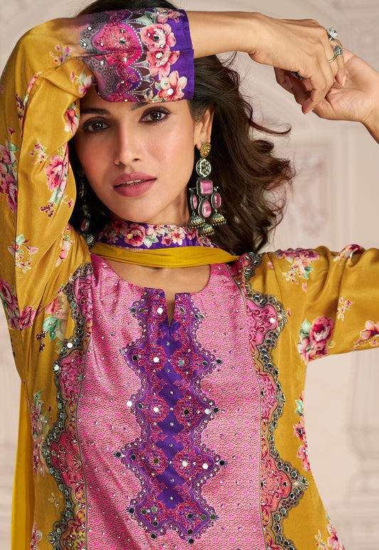 Mustard Embroidered Crepe Palazzo Suit