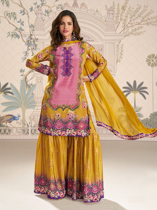 Mustard Embroidered Crepe Palazzo Suit