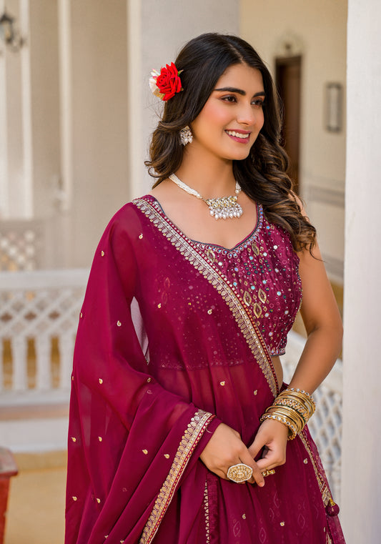Wine Georgette Embroidered Lehenga Choli