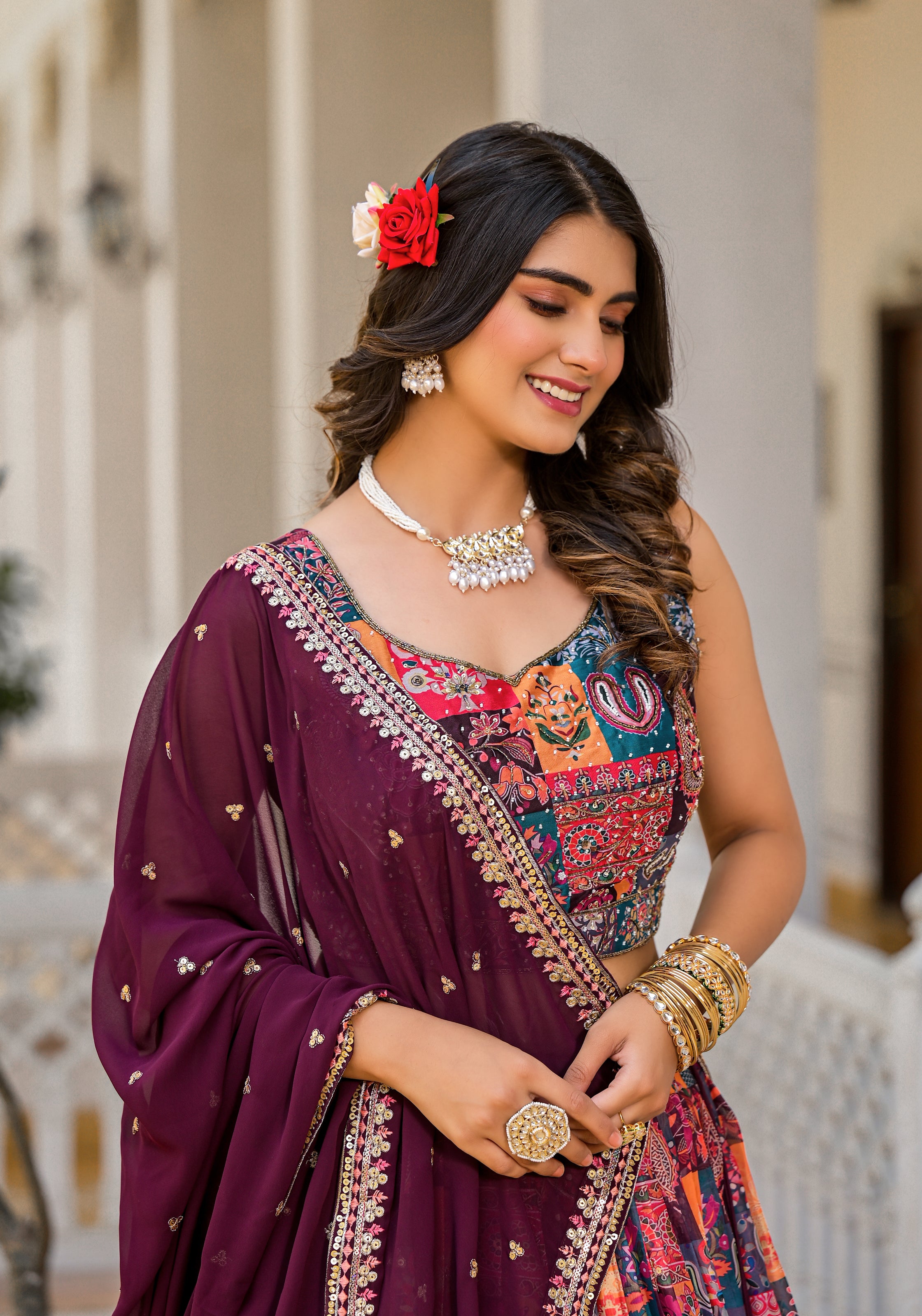 Multicolor Georgette Printed Lehenga Choli