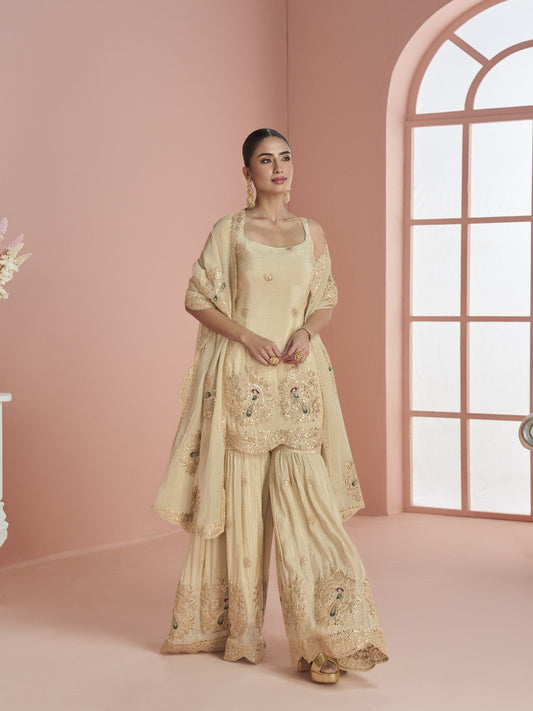 Beige Art Silk Zari Gota Sharara Suit