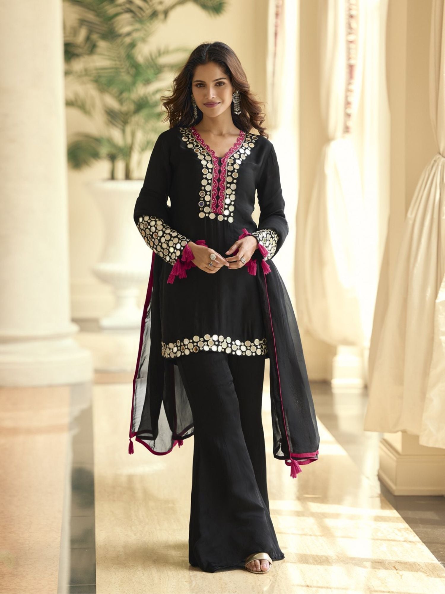 Black Mirror Embroidery Party Wear Palazzo Suit