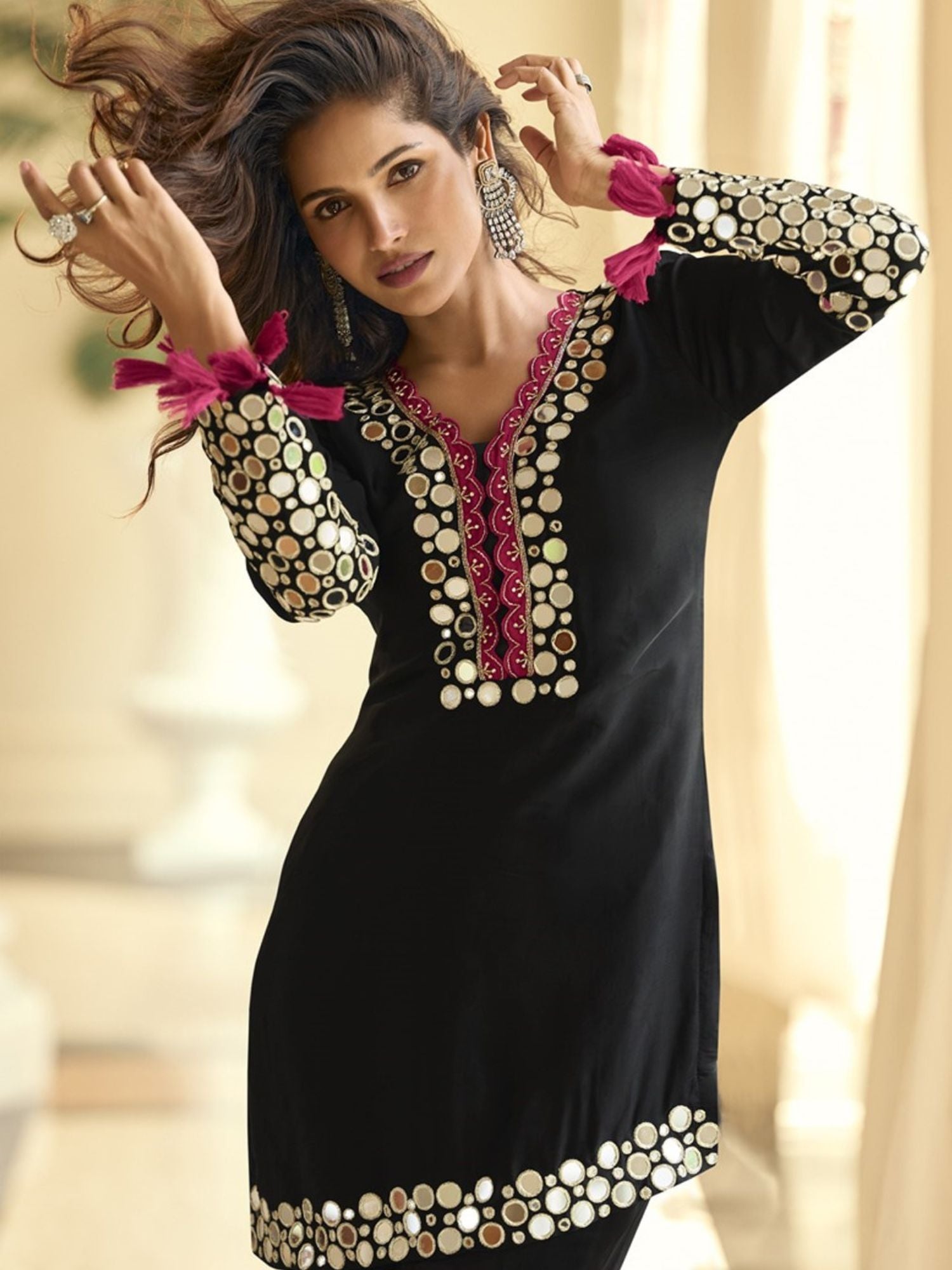 Black Mirror Embroidery Party Wear Palazzo Suit