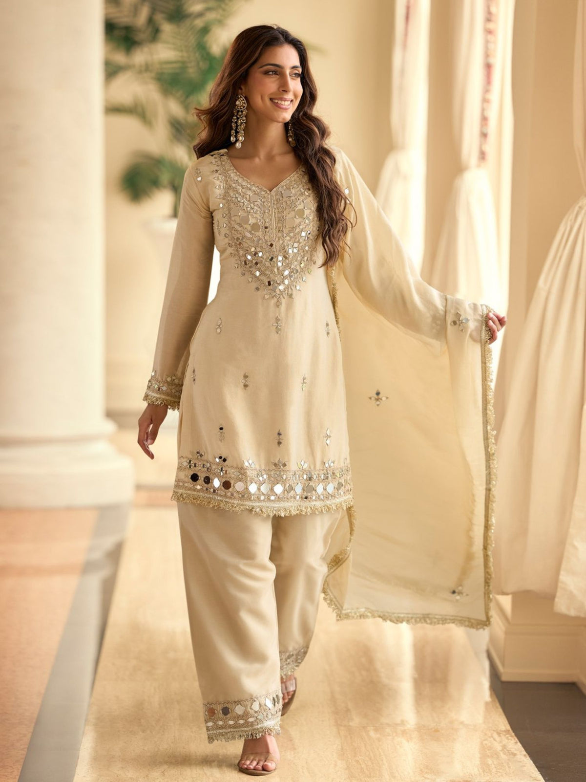 Cream Mirror Embroidery Palazzo Suit