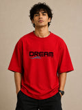 Men's Red DREAM Graphic Printed Oversized T-Shirt