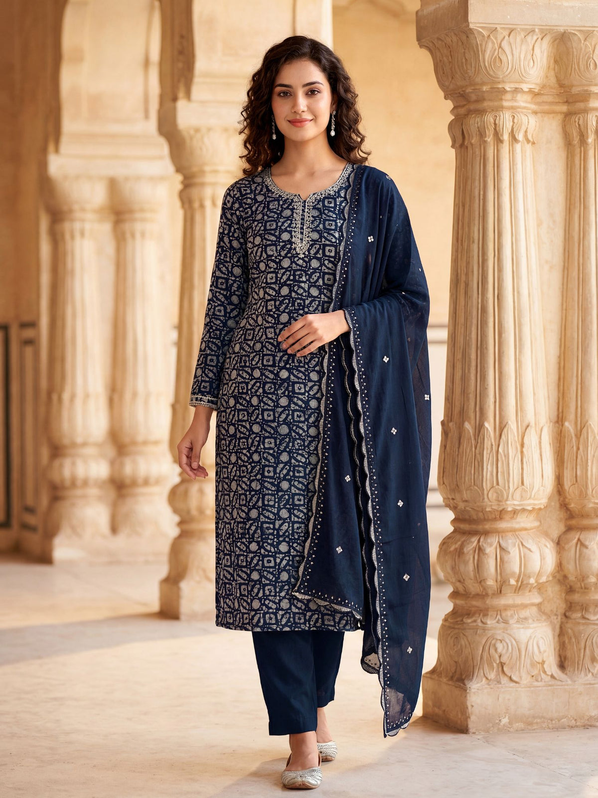 Navy Blue Abstract Printed Kurta Set in Art Silk