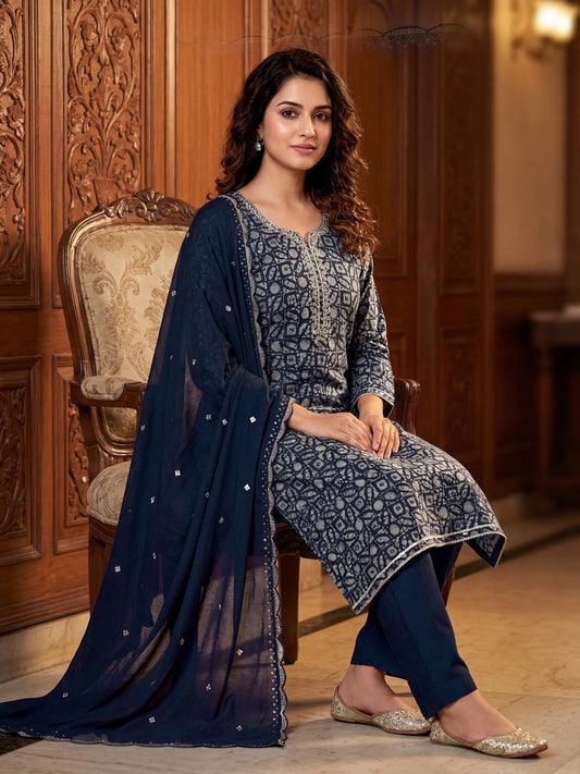 Navy Blue Abstract Printed Kurta Set in Art Silk