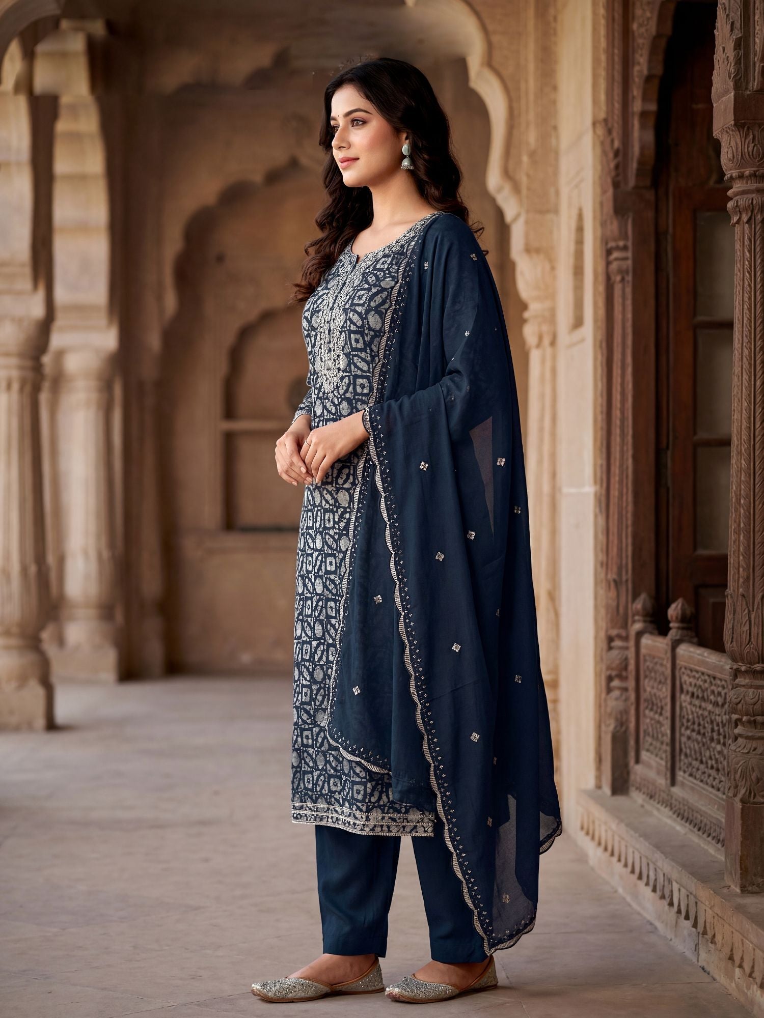 Navy Blue Abstract Printed Kurta Set in Art Silk