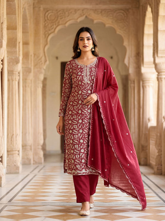 Red Abstract Print Kurta set in Art Silk