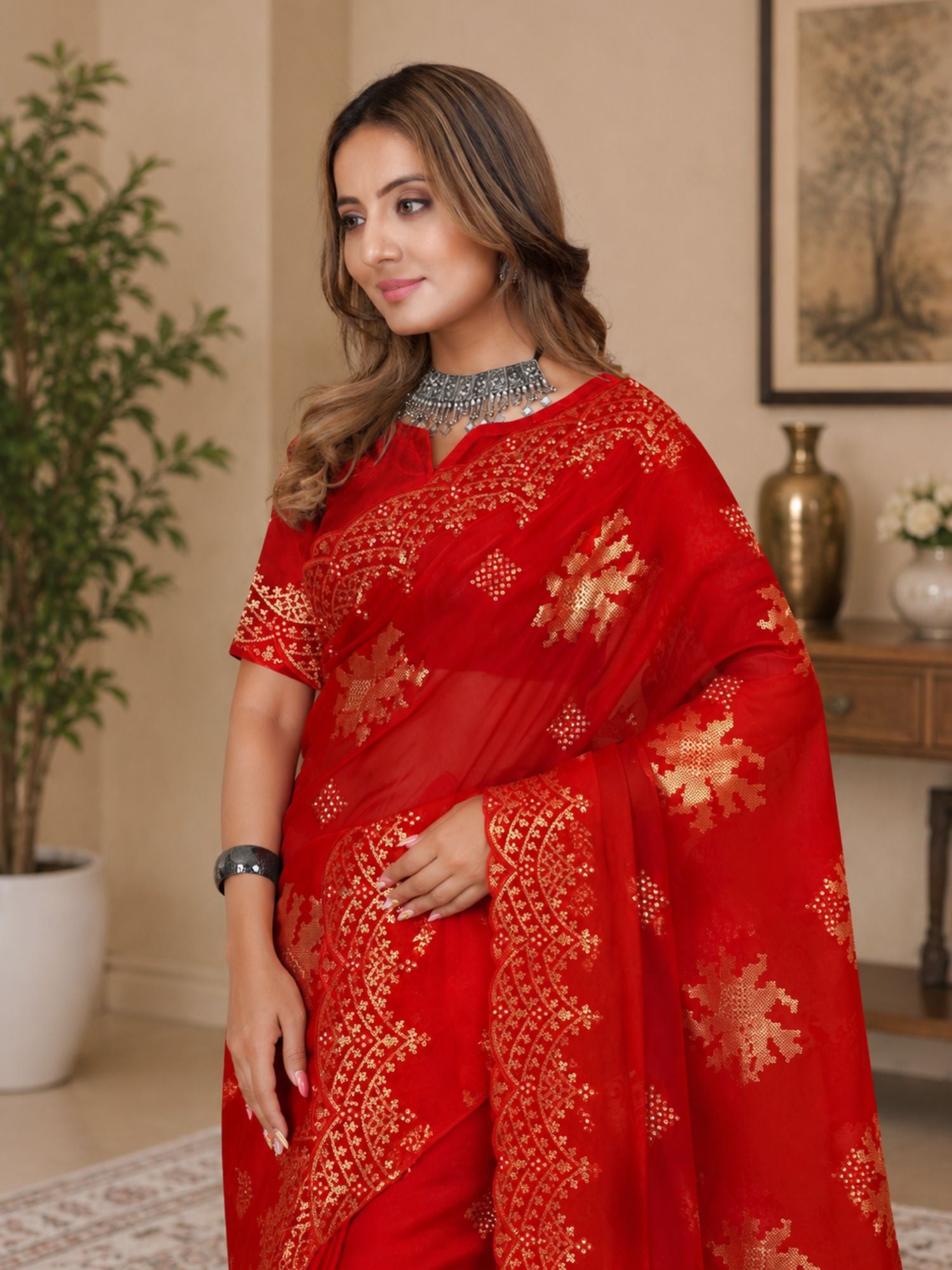 Festive Red Organza Saree With Sequin Embroidery