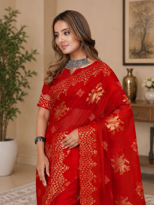 Festive Red Organza Saree With Sequin Embroidery