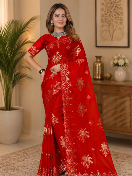 Festive Red Organza Saree With Sequin Embroidery