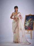 Floral Embroidered Organza Saree in Cream