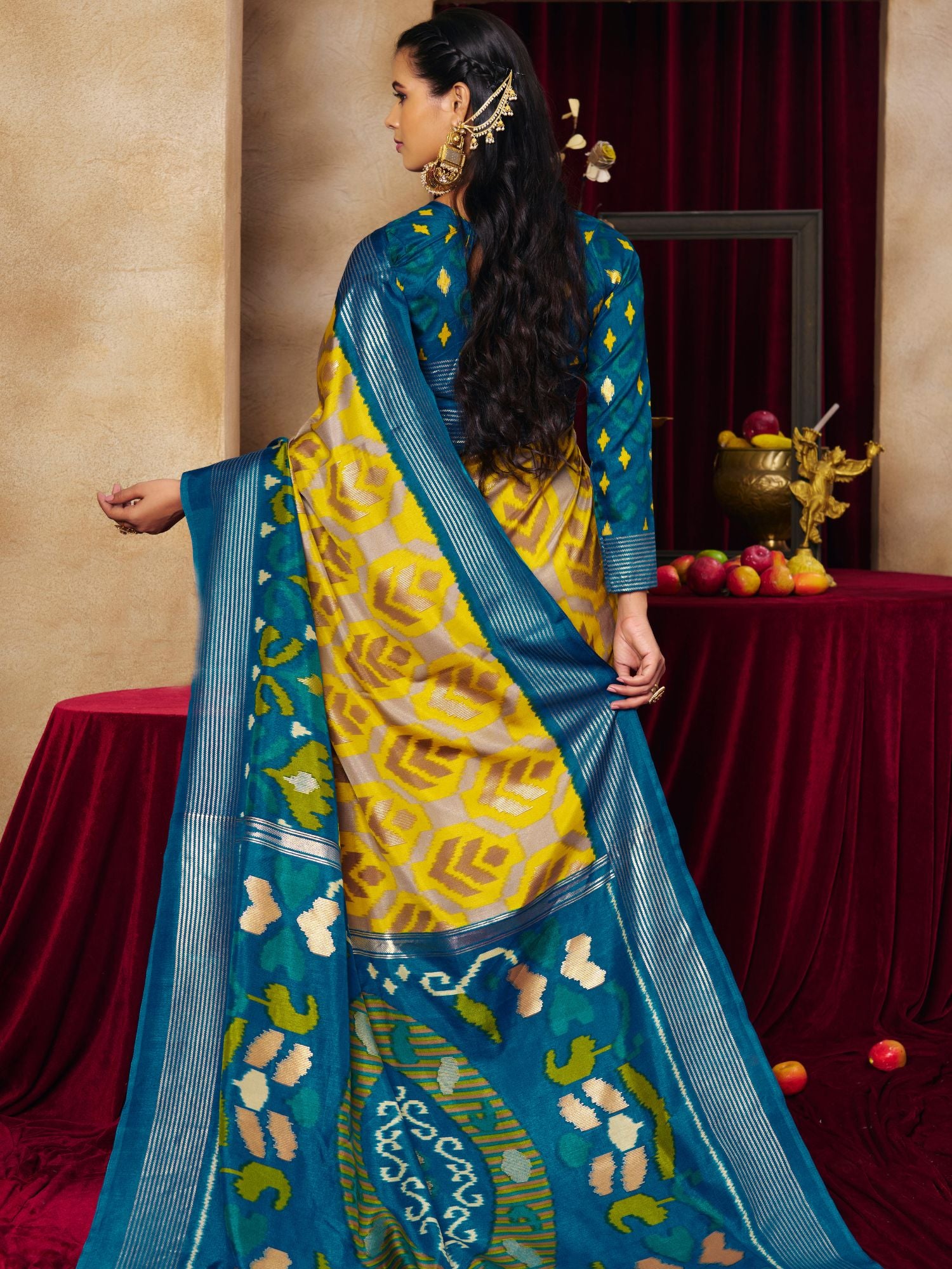 Teal Yellow Ikat Printed Tussar Silk Saree