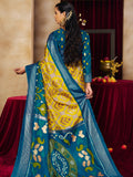 Teal Yellow Ikat Printed Tussar Silk Saree