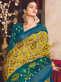 Teal Yellow Ikat Printed Tussar Silk Saree