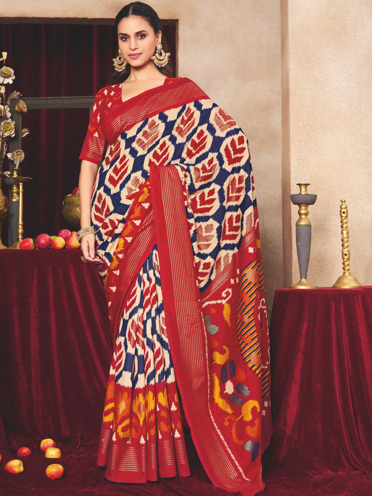 Red Ikat Printed Tussar Silk Saree