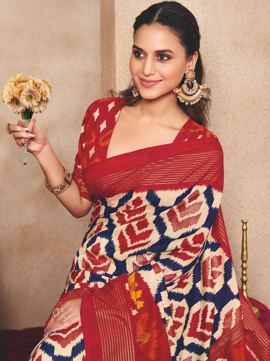 Red Ikat Printed Tussar Silk Saree