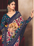 Navy Blue Ikat Printed Tussar Silk Saree
