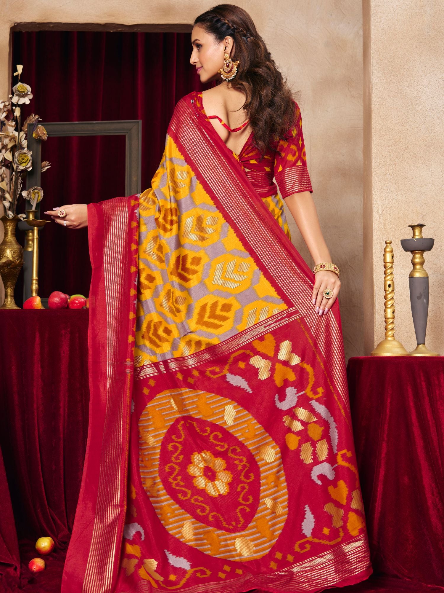 Mustard Ikat Print Tussar Silk Saree