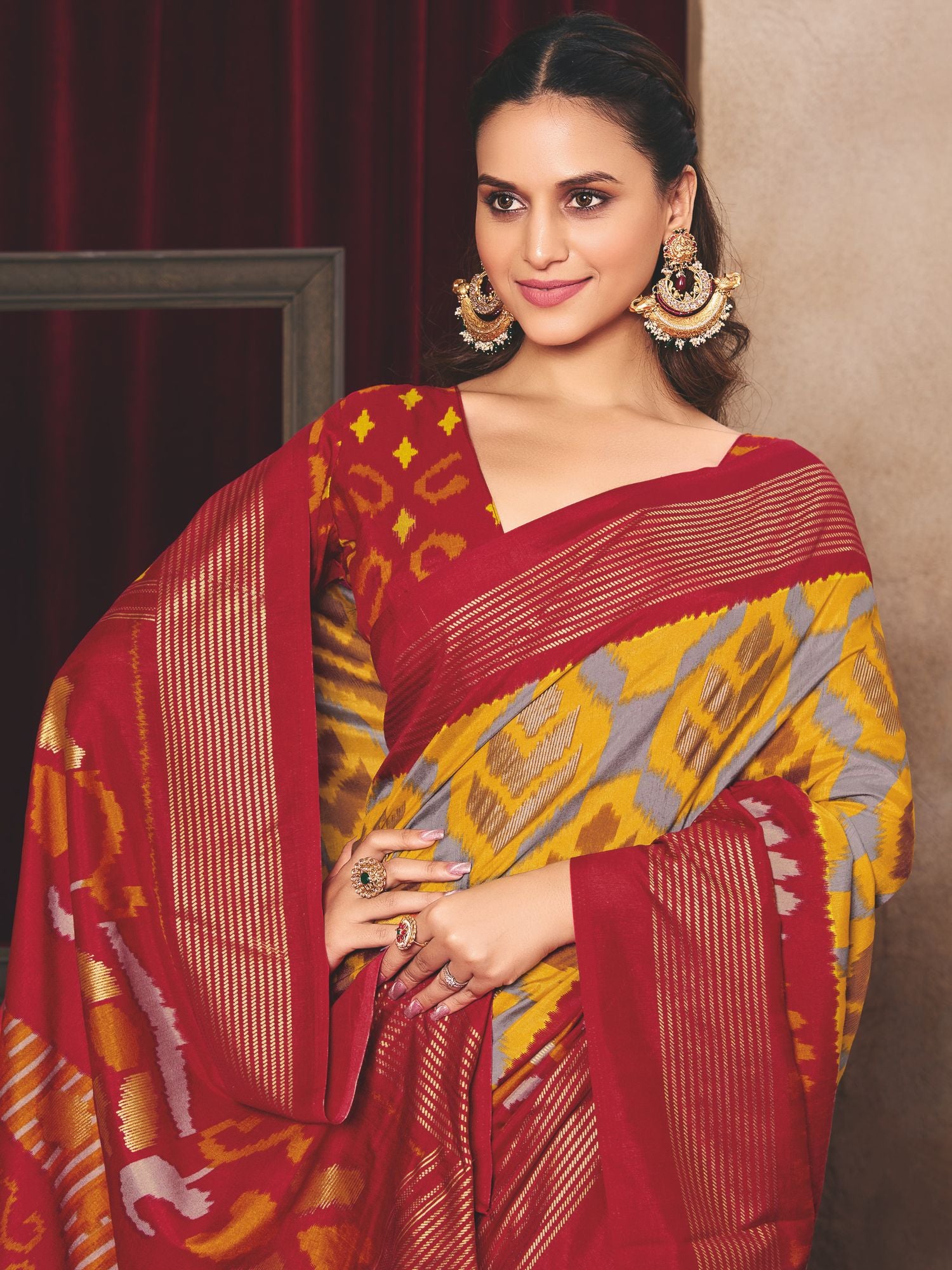 Mustard Ikat Print Tussar Silk Saree