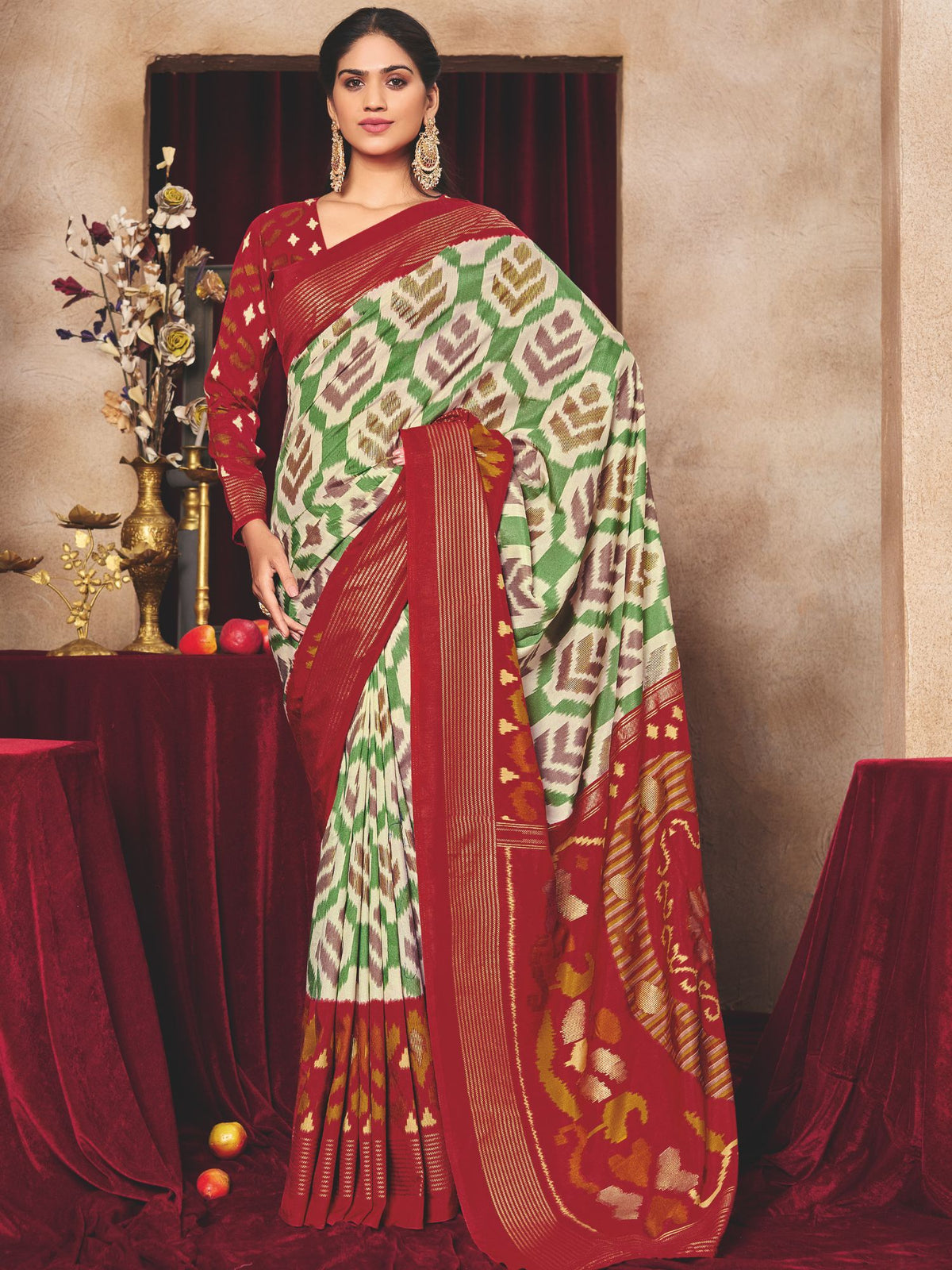Maroon Tussar Silk Ikat Printed Saree