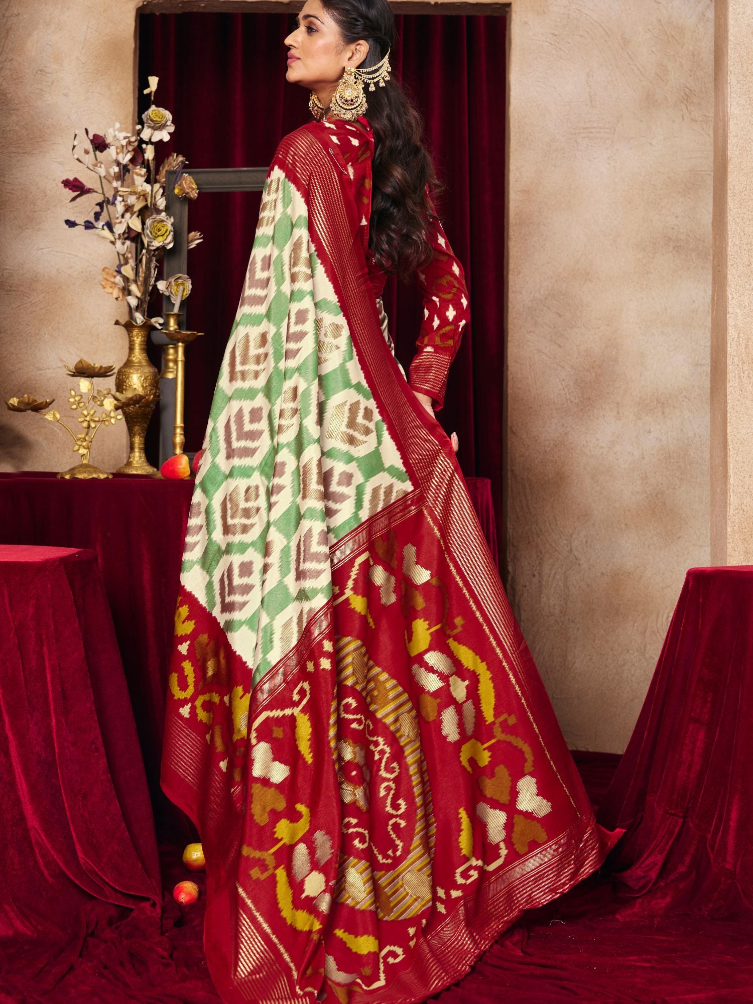 Maroon Tussar Silk Ikat Printed Saree