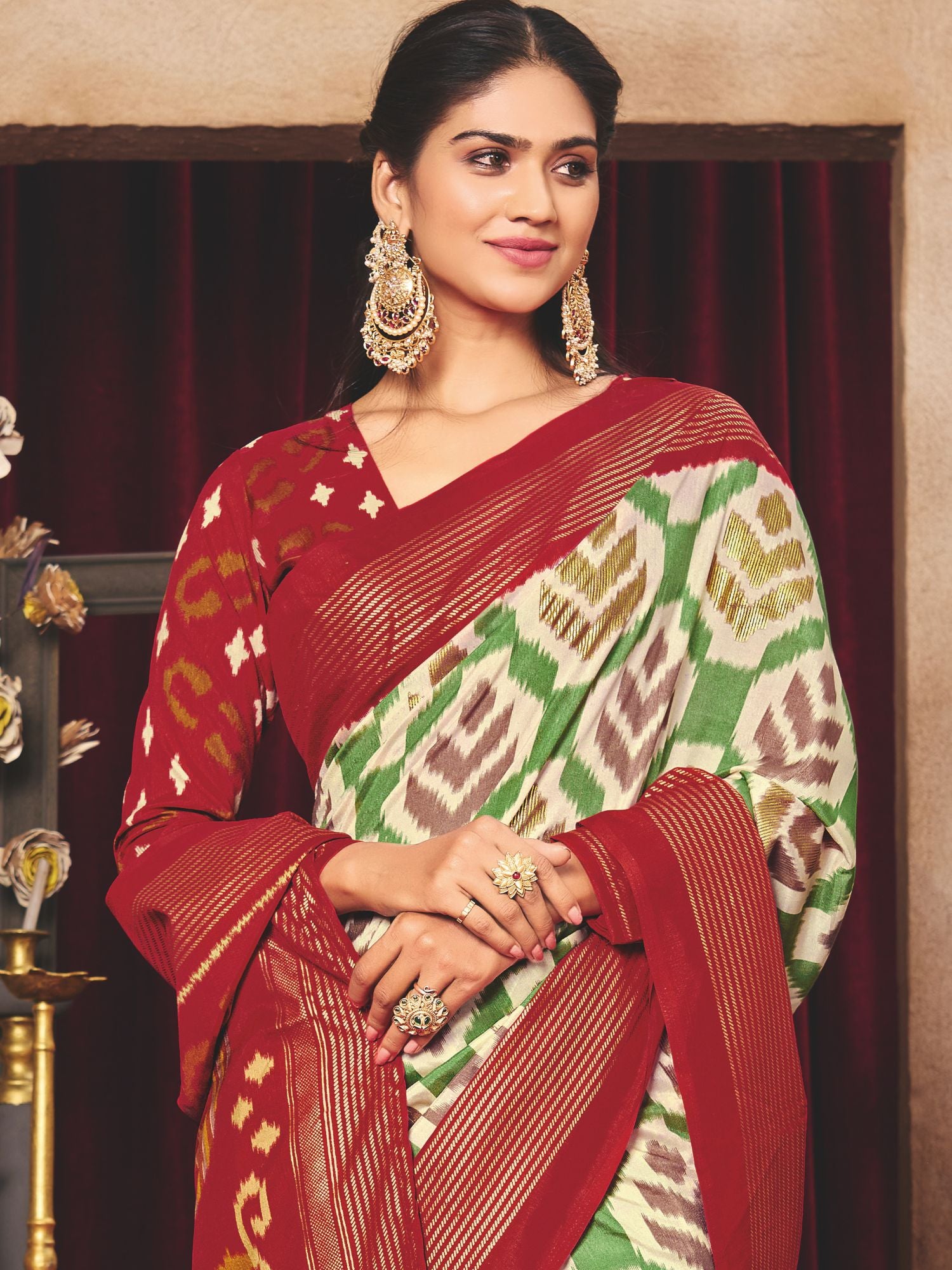 Maroon Tussar Silk Ikat Printed Saree