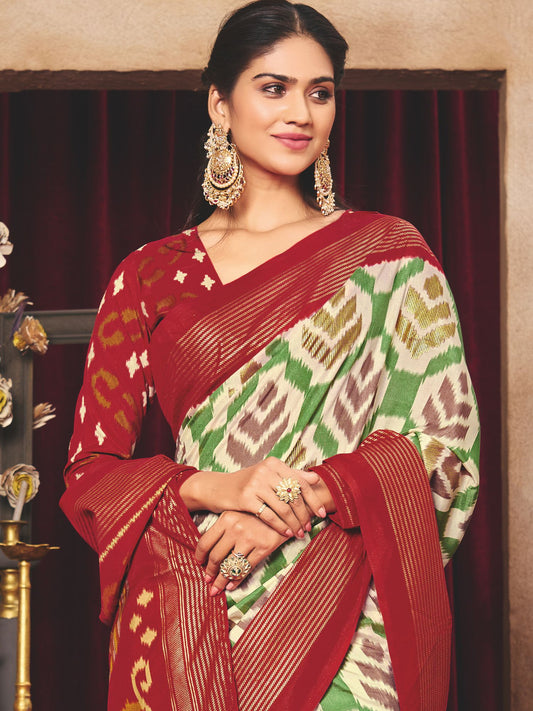 Maroon Tussar Silk Ikat Printed Saree