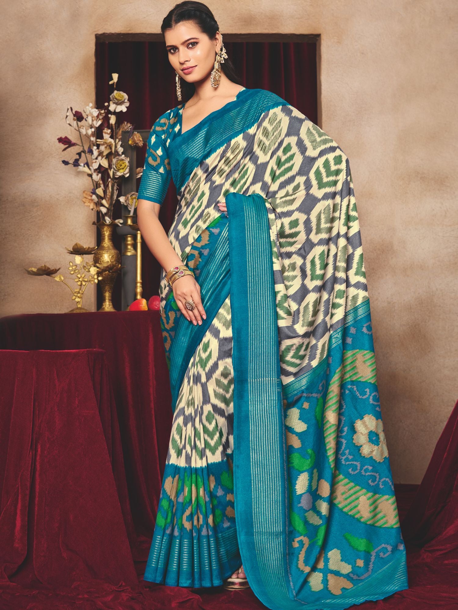 Teal Blue Ikat Print Tussar Silk Saree