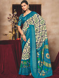 Teal Blue Ikat Print Tussar Silk Saree