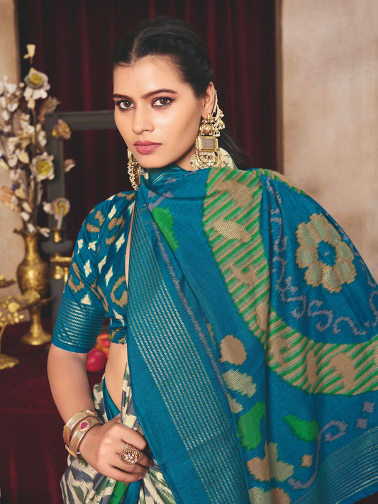 Teal Blue Ikat Print Tussar Silk Saree