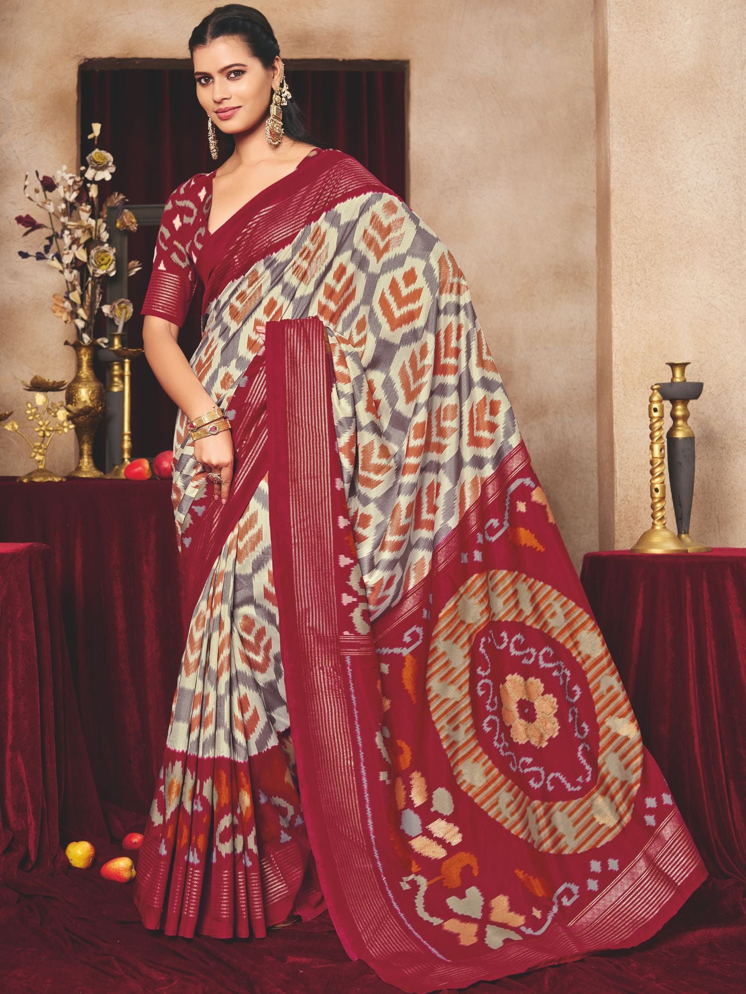 Rust Ikat Print Tussar Silk Saree
