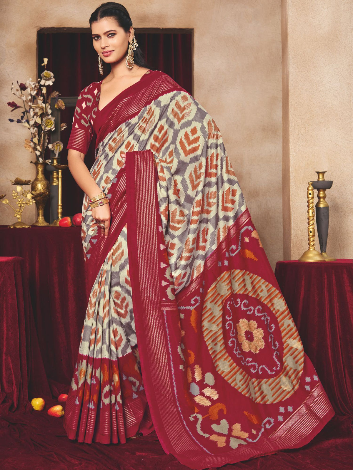 Rust Ikat Print Tussar Silk Saree