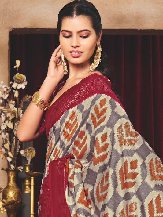 Rust Ikat Print Tussar Silk Saree