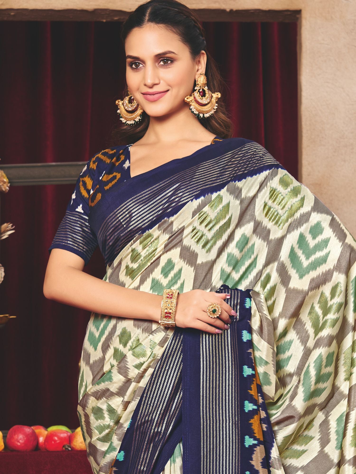 Off White Ikat Print Tussar Silk Saree