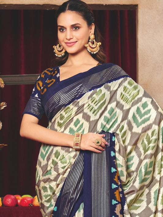 Off White Ikat Print Tussar Silk Saree